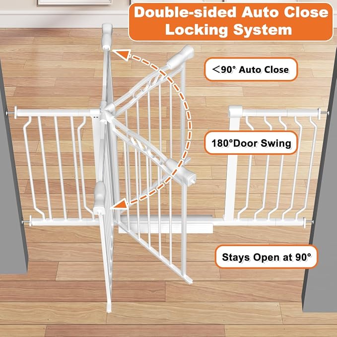 30" Tall Metal Narrow Baby Gate for Doorways No Drill 29.5-33.8" Wide, Auto Close Press Mounted Baby Gate Indoor for Kids, Walk Through Dog Gates for Stairs, White