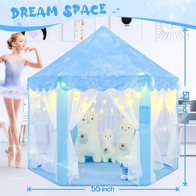 Frozen Tent for Girls Age 4-7, Princess with Snowflake Lights, Kids Play Tent for Girls Indoor, Princess Castle Playhouse for Toddlers, Blue Frozen Toy 55x53 inch