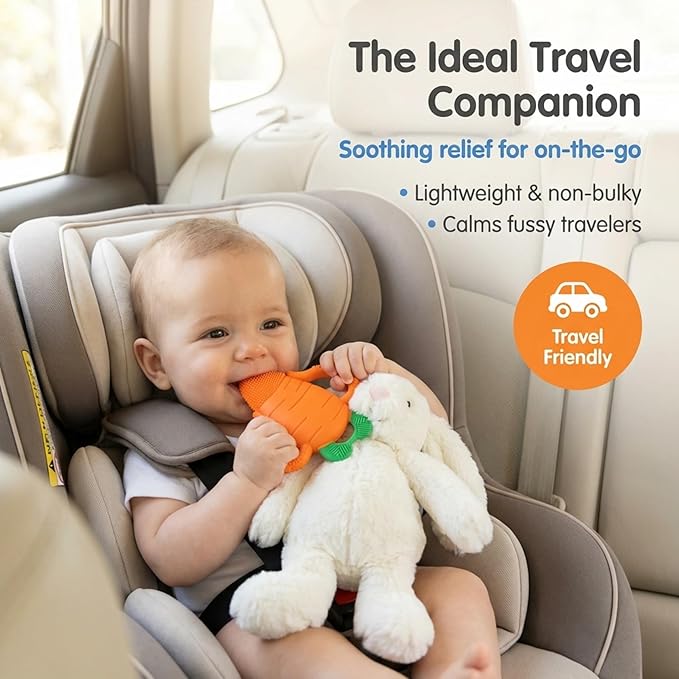 RaZbaby Bunny Snuggly w/Carrot Teething Relief Toy ??Soothes Sore Gums w/Nature-Inspired Texture, 100% BPA-Free Silicone Teether, Soft Minky Stuffed Animal ??All Ages