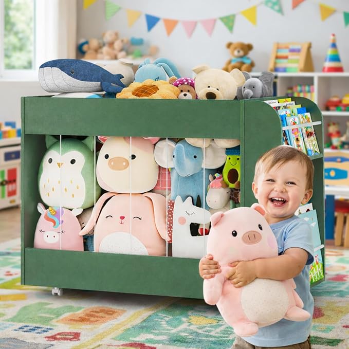 Wooden Kids Bookshelf, Toy Storage Organizer with Drawing Chalkboard and Stuffed Animal Organizer, Kids Toy Box with 4 Wheels for Kids Room, Playroom, Nursery, Classroom, Green