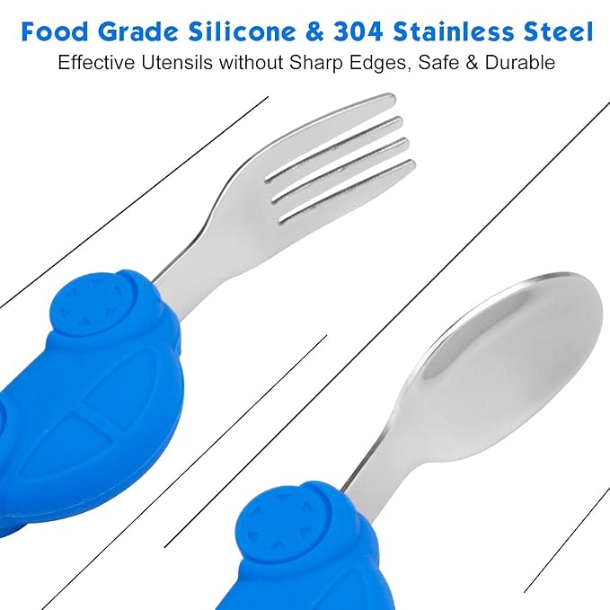 Toddler Spoon and Fork Set, Easy Grip for Baby, Toddler Children, Perfect Self Feeding Learning Utensils, 12 Month+ (Car)