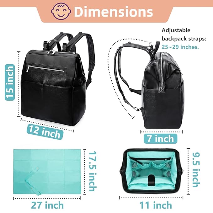 MOMINSIDE Diaper Bag Backpack, Leather Backpack with 16 Pockets for Mom Dad, Baby Registry Search, Fits 15 Inch Laptop, 4 Insulated Pockets, Changing Pad, Black