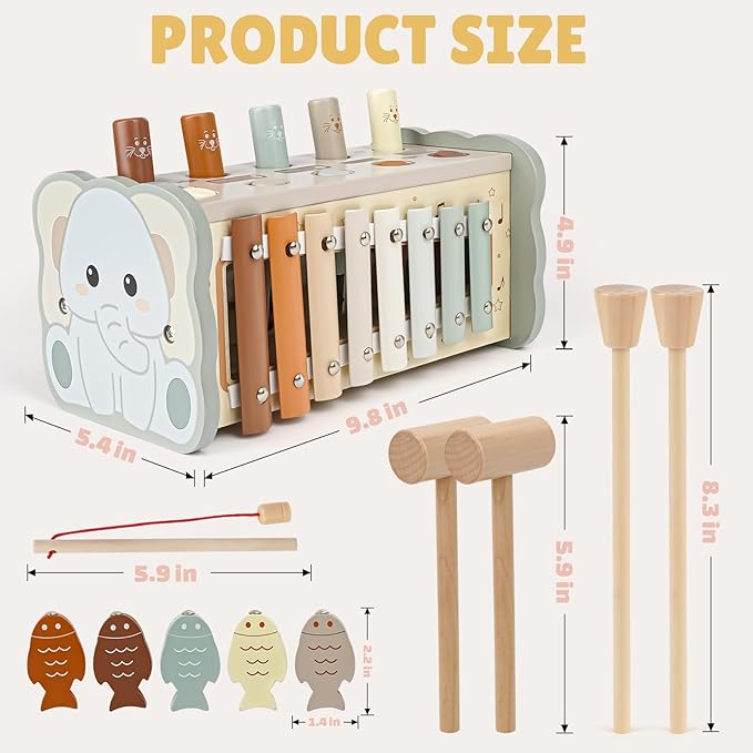 Joyreal Wooden Montessori Toys for 1 Year Old - Hammering Pounding Toy with Xylophone & Fishing Game - Educational Toddler Activities for 1 2 3 Year Old Christmas Birthday Gifts