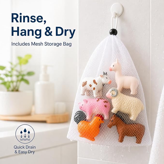 No Hole Bath Toys for Babies, 6 Pack Sealed Farm Animal Bath Toys for Toddlers 1-3 with Mesh Storage Bag, Soft Non-Squirting Baby Water Toys, Cow Pig Horse Sheep Chicken Alpaca