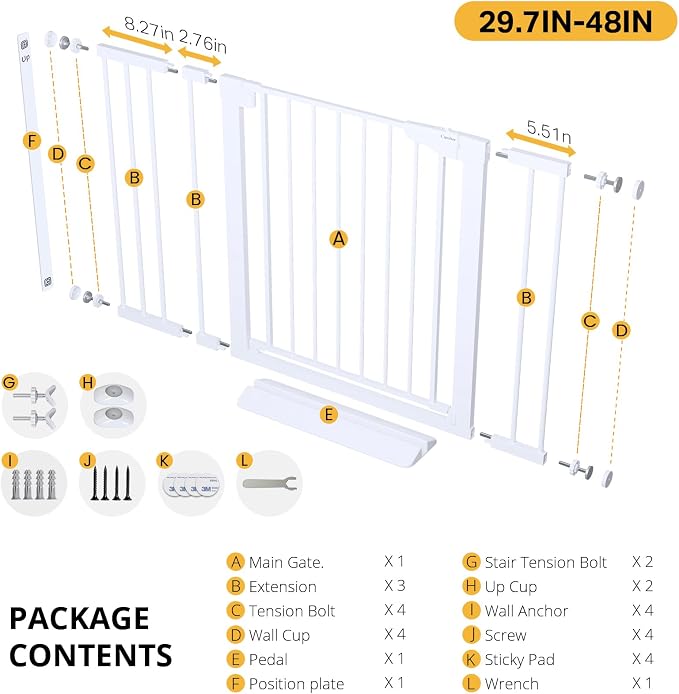 Cumbor 2 Pack 29.7"-48" Baby Gate for Stairs, Mom's Choice Awards Winner-Dog Gate for Doorways, Pressure Mounted Auto-Close Pet Gates for Dogs Indoor, Safety Child Gate with Easy Walk Thru Door,White
