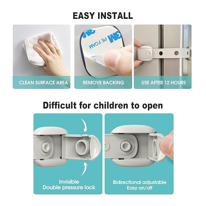 5 Pack Child Proof Refrigerator Lock, QYESWHSR Fridge Locks for Kids with Sticky Adhesive Pads, Child Safety Locks for Doors, RV Refrigerator, Oven Lock Child Safety Baby Cabinet Locks (Oven-Gray)