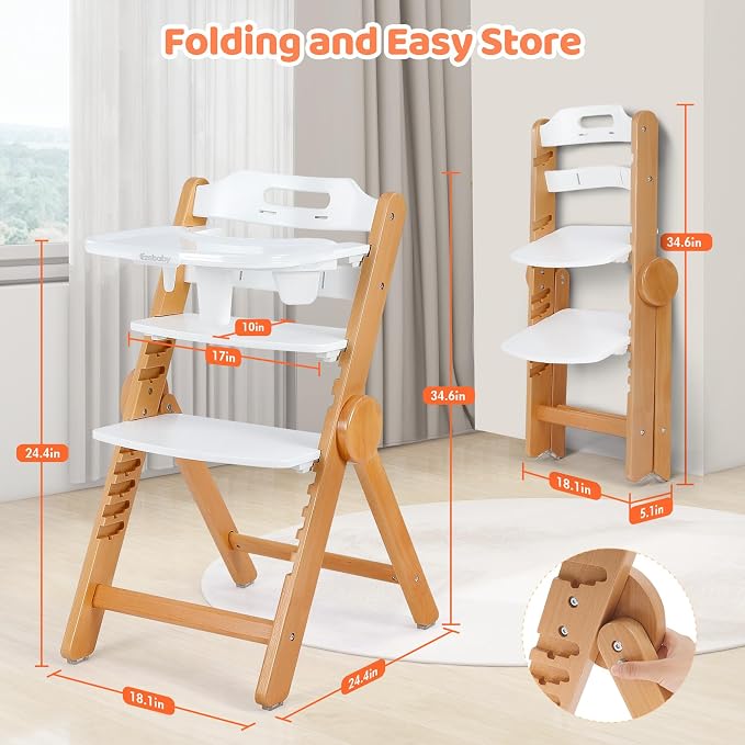 Ezebaby Foldable Wooden High Chair, No-Tools Adjustable Baby High Chair for Toddlers to Adult, Space-Saving Space Highchairs with Double Tray & Washable Cushion (Modern White)