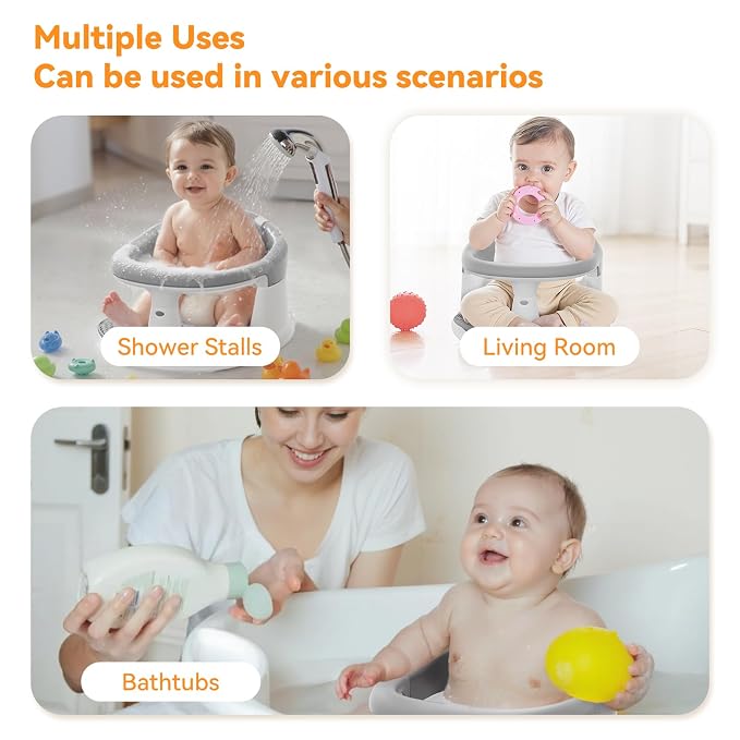 Baby Bath Seat for Babies 6 Months & Up - 360° Protection Baby Bath Chair with Temperature Alert & Cushion | Non-Slip Toddler Bathtub Seat | Newborn Infant Bath Tub Seats for Babies Sitting Up (Grey)