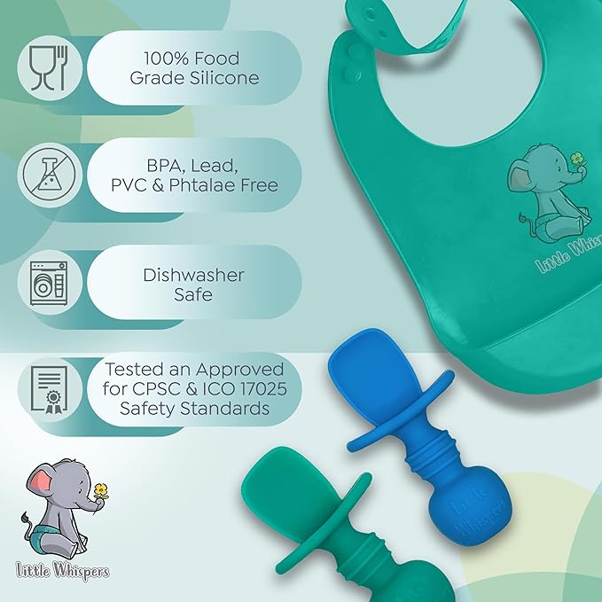LittleWhispers Baby Silicone Spoons - Self Feeding 6 Months - Infant, Toddler, & Kid Friendly Utensils - First Stage, Baby Led Weaning - 4 Pack Utensil Set (Vibrant Blues)