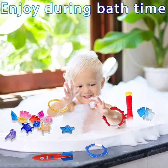32 Packs Summer Pool Diving Swimming Essentials Water Toys for Kids, Fun Swim Games Sinking Set, Underwater Dive Easter Day Gifts with Storage Bag Include Torpedo Gems Shark Rings Sea Animals