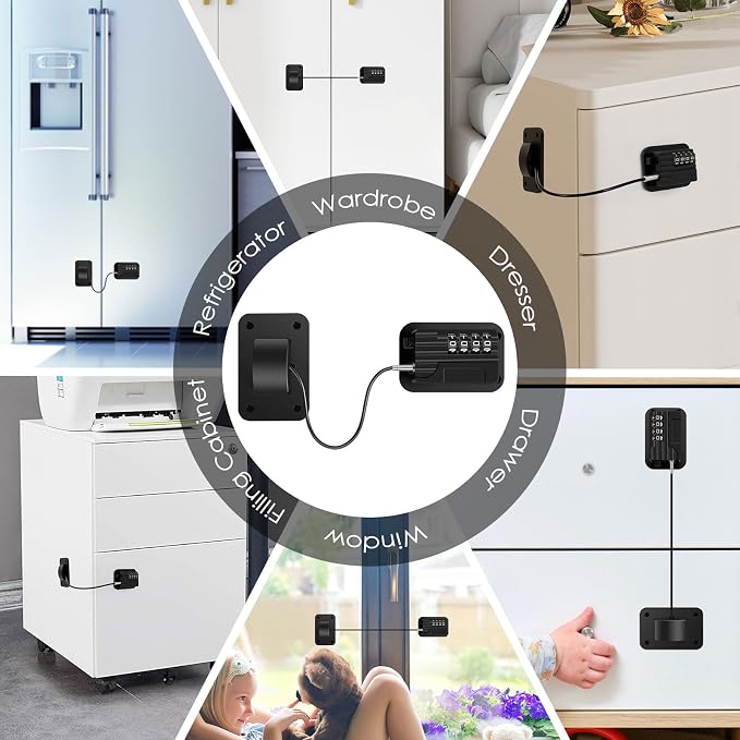 4 Pack Refrigerator Lock, Heavy Duty Fridge Lock with 4-Digit Code, Drill-Free Safety Freezer Combination Lock for Refrigerators, Drawers, Cabinets, Windows, No Key Needed, Easy Install (Black)