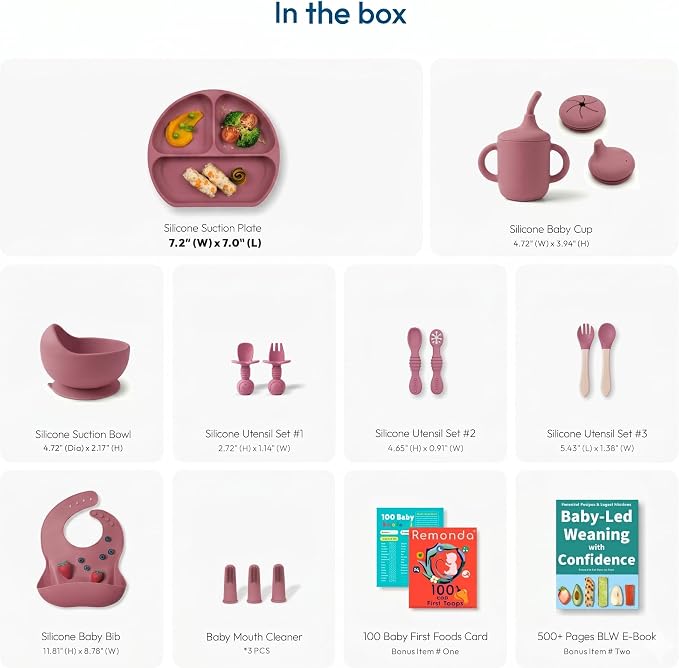 Remonda 17-Piece BPA-Free Baby Silicone Feeding Set | Extra Large Suction Plates, Toddler Bowls, Self Feeding Spoons, and More | Dishwasher Safe| Infant Led Weaning Supplies (Red)A
