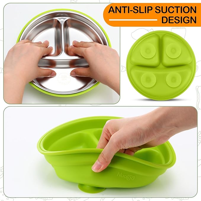 Nuogo 2 Pcs Stainless Steel Baby Suction Plates with Removable Silicone Shell 2-in-1 Metal Toddler Bowl Divided for Picky Eaters Kids Feeding Led Weaning Supplies, Dishwasher Safe (Purple,Green)