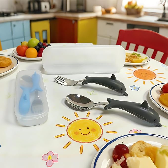 Baby Toddler Fork and Spoon Utensil Set, Dolphin, 4 Pack | With Case, Silicone Handle, 304 Stainless Steel