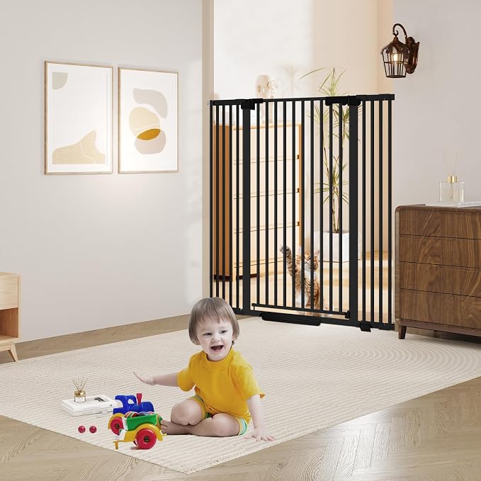 51'' Extra Tall Cat Gate Barrier for Doorways Hallways, Pressure Mounted Pet Dog Gates Ajustable Auto Close, Cat Fence Indoor Climb Proof 30-49'' Wide (Black)