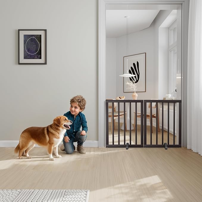 Semiocthome Bamboo Dog Gates Indoor 2-Panel Freestanding Puppy Gates for The House with 2 Metal Stands 24" H Folding Wood Pet Gate for Stairs Doorway, Fully Assembled Safety Fence Espresso