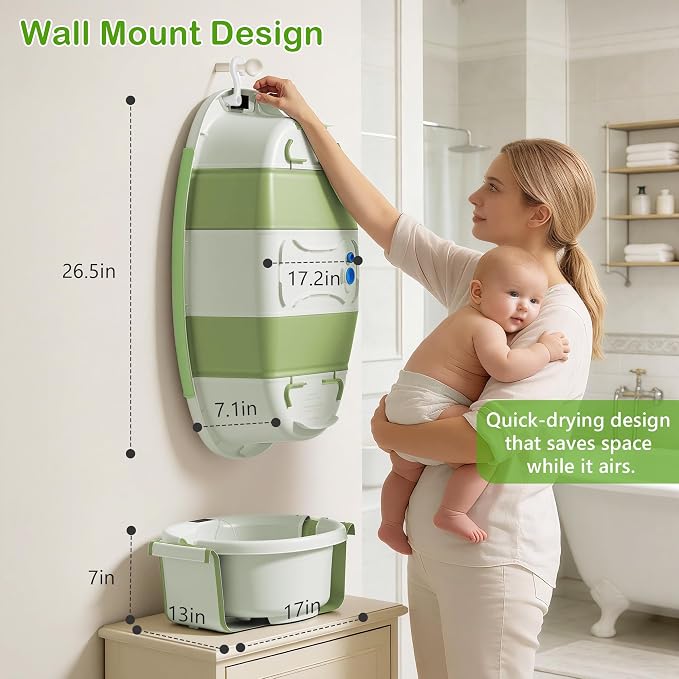 Collapsible Baby Bathtub - Large Baby Bath Tub with Thermometer | Bath Essential Bañera para Bebe Easy Fold Baby Tub | Travel Infant Newborn Toddler Bathtub for Baby Girl Boy 0 to 36 Months(Green)