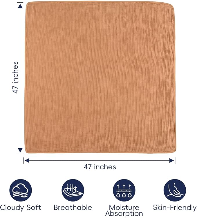PHF Baby Muslin Swaddle Blanket, 100% Cotton Soft Breathable Receiving Blankets for Boys and Girls, 4-Layer Swaddle Wrap Burping Clothes, Baby Essentials, Large 47 x 47 inches, Caramel