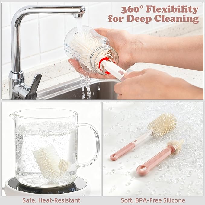 7-in-1 Baby Bottle Brush Set, Silicone Bottle Cleaning Kit with Nipple and Straw Brush, Soap Dispenser, Drying Rack and Travel Organizer, Baby Bottle Cleaning Essentials (Pink-Rabbit)