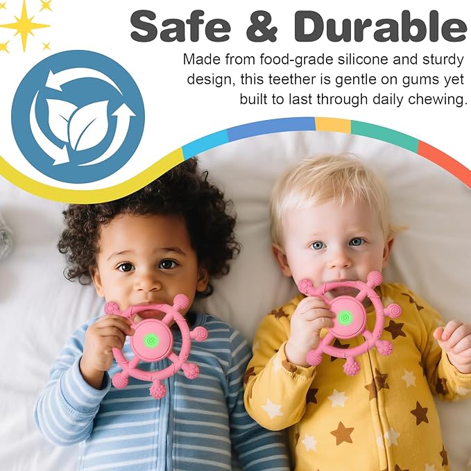 YOFUN 3-Speed Vibrating Baby Teether ??Soothing Silicone Teething Toy for Infants 3M+, Food-Grade, USB Rechargeable ??Soft & Safe Gum Relief for Babies (Pink)