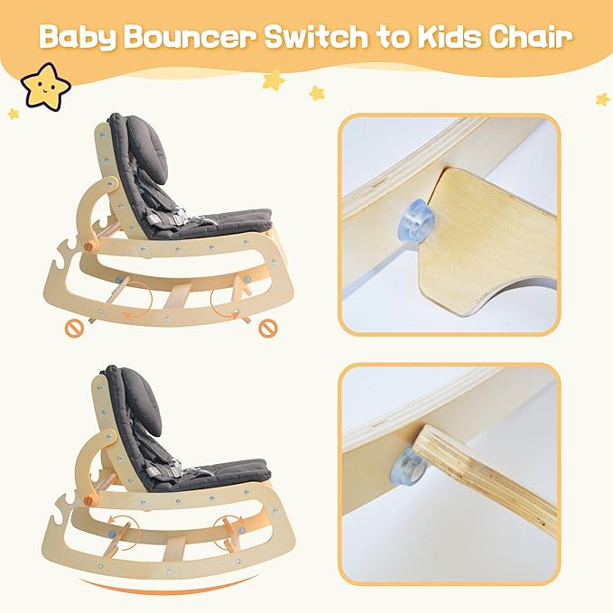 Baby Bouncer,Adjustable Baby Rocker, 3-in-1 Wooden Infant Rocker Chair with 5-Point Harness, Toddler Seat for Infant to Toddlers,Grey