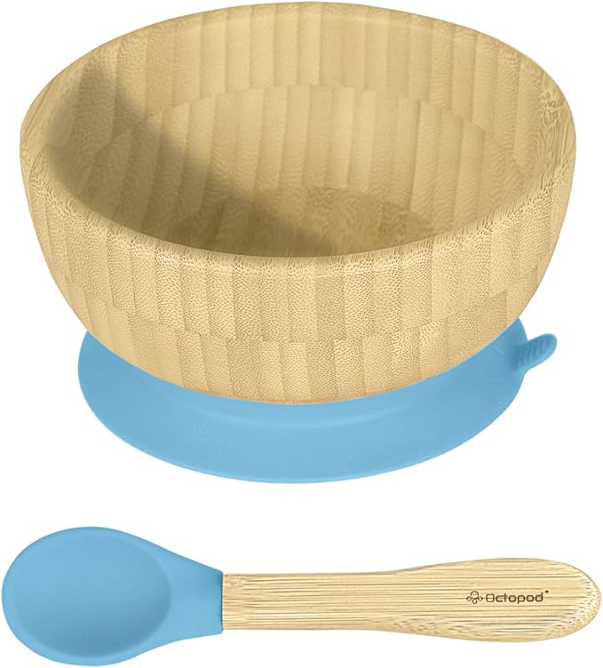 Abiie Octopod Bamboo Baby Bowl Set for 4 Months and Up – Mess-Free High Chair Suction Bowl with Spoon for Toddlers and Kids - Ergonomic Baby Feeding Essentials - 5.7" x 3" x 5.7" - Blue
