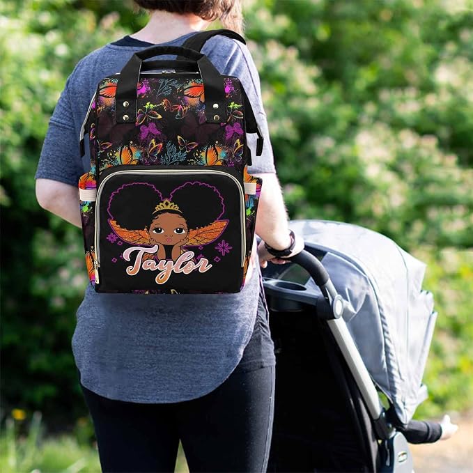 M YESCUSTOM Personalized Name Diaper Bag Custom Colorful Butterfly and Black Women Mommy Nursing Bag for Women/Men Customized Large Capacity for Travel Mother's Day Gift