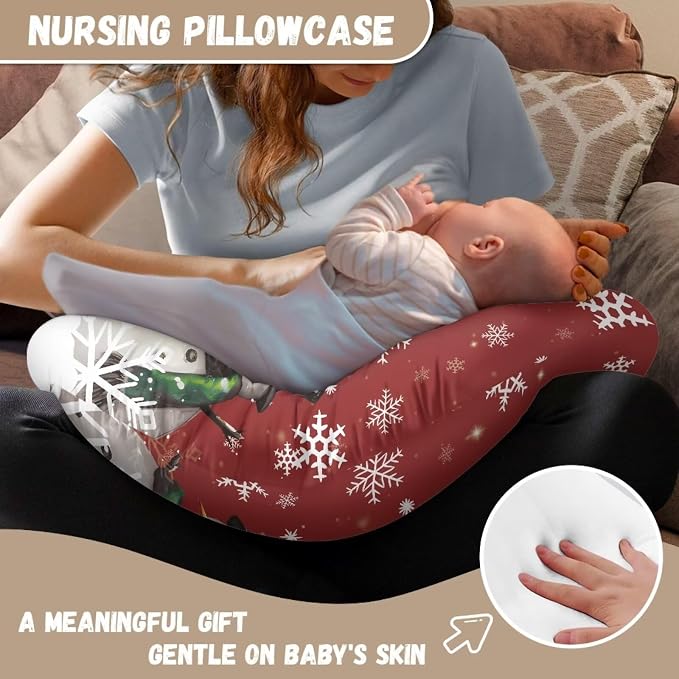 Christmas Snowmen Snowflake Nursing Pillow Cover Case Durable Skin-Friendly Fabric Newborn Feeding Pillow Cover with Hidden Zipper for Boys & Girls, Easy to Put On & Remove