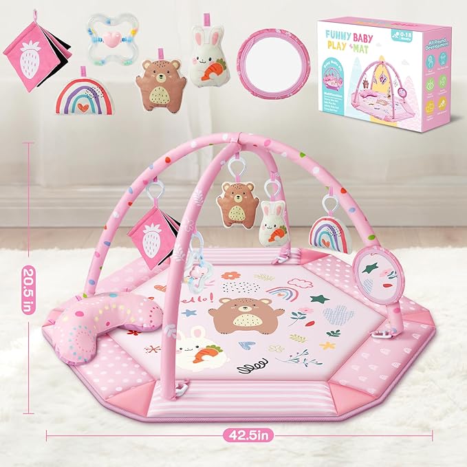Baby Gym Play Mat, 8-in-1 Tummy Time Mat & Ball Pit with 6 Toys, Washable Baby Activity Mat for Visual, Hearing, Sensory, Motor Development, Babies Gift for Newborn Infant 0-3-6-9-12 Months (Pink)