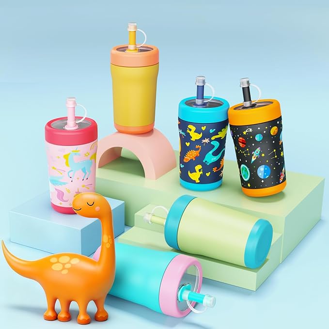 Sursip Toddler Kids Insulated Tumbler with Straw and Lid, 12 oz Vacuum Stainless Steel Sippy Cup Spill Proof with Transparent Visible Lid, BPA Free & Dishwasher Safe - Dinosaur