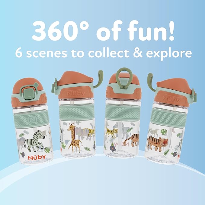 Nuby Thirsty Kids Flip-It Bolt Toddler Cup with Push-Button Locking Flip-Top and Silicone Spout - 12 oz - Easy-Grip and Spill-Resistant - 18+ Months - Safari