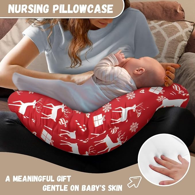 Christmas Snowflake Deer Feeding Pillow Case for Baby Girls & Boys Soft Breathable Nursing Pillow Support Cover with Hidden Zipper for Newborn Nursing Pillows, Red Christmas Decor