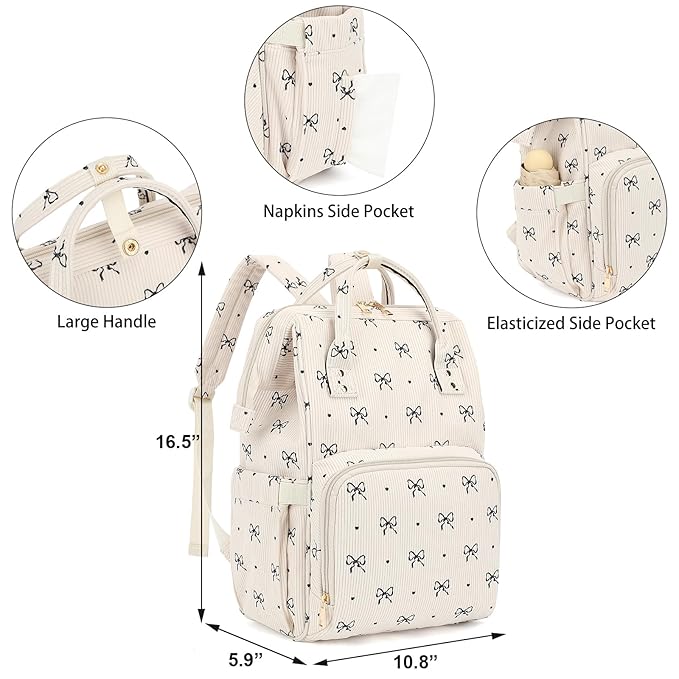 Baby Diaper Bag Backpack for Mom, Large Capacity Travel Nappy Bag for Boys & Girls with Stroller Straps (Corduroy Bow Tie)