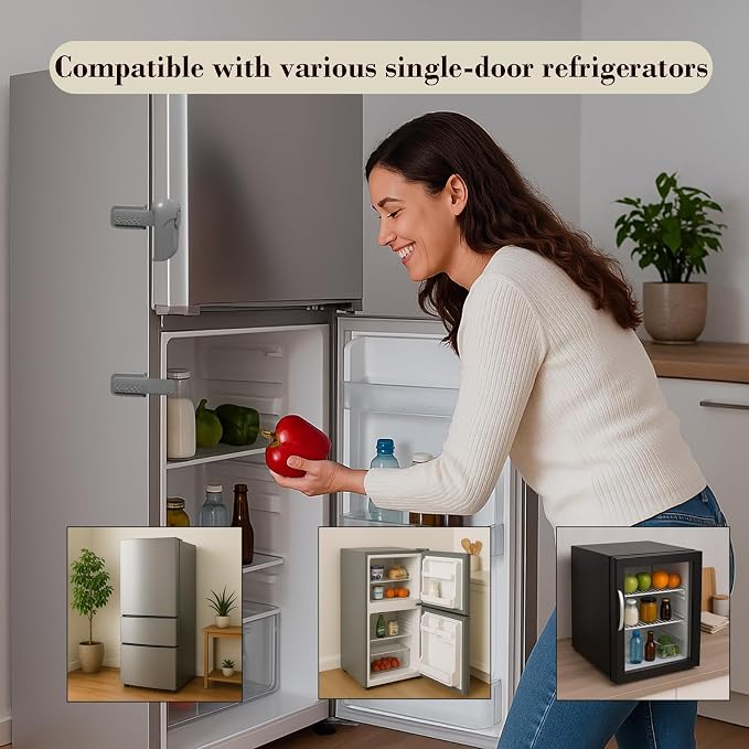 2 Pack Child Proof Fridge Lock, Baby Safety Refrigerator & Freezer Door Lock for Toddlers, Kids & Pets, One-Hand Operation, Strong Adhesive, No Tools or Drilling Needed, Gray