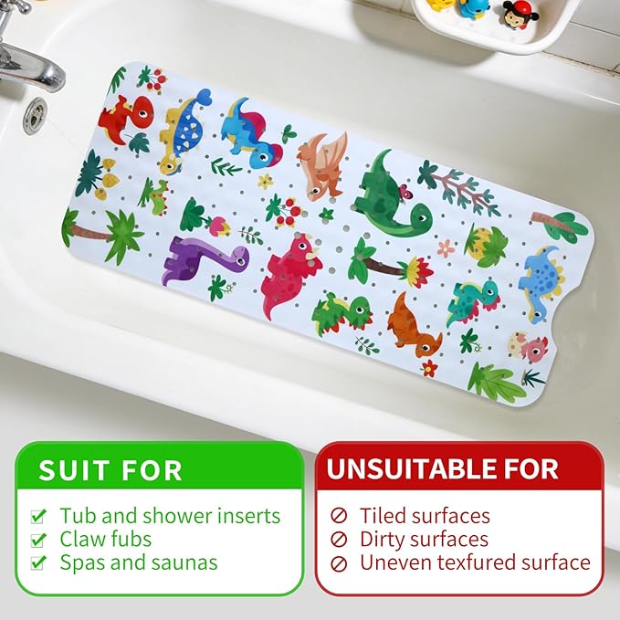 Baby Bath Mat for Tub Non Slip Kids Bathtub Mat Extra Long 40X16 Inch Toddler Bath Tub Shower Mat Anti Slip with Suction Cups & Drain Holes, Machine Washable (Forest Dinosaur)