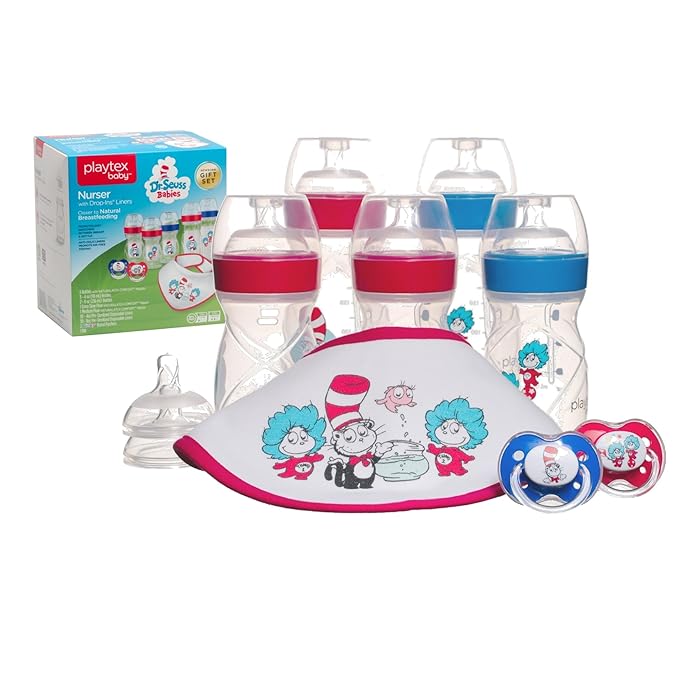 Playtex Baby Dr. Seuss Newborn Gift Set with 5 Nurser Bottles (3X 4Oz, 2X 8Oz), 2 Binky Pacifiers, 60 Drop-Ins Liners & Bib, Bottles for Newborn and Breastfeeding Babies, Feeding Essentials
