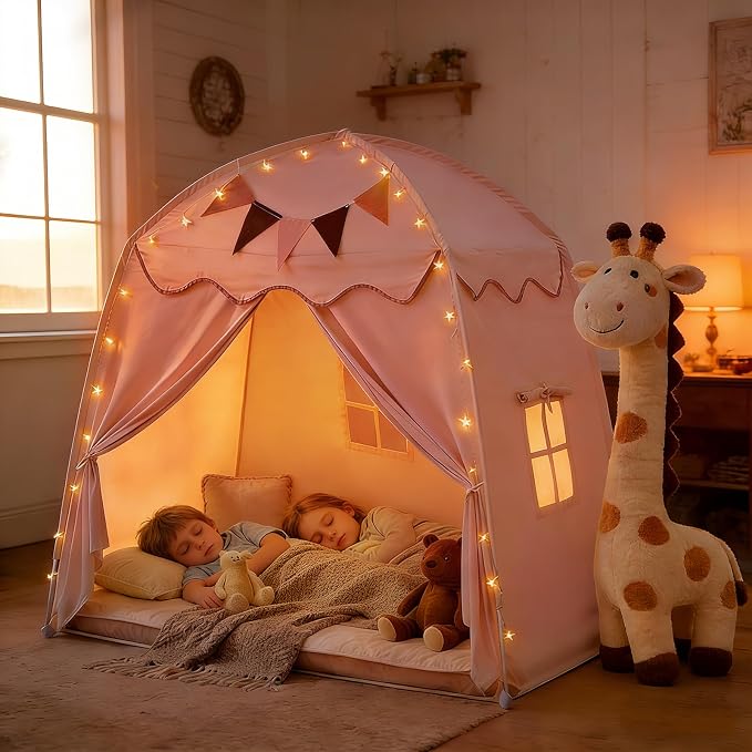 Extra Large Kids Play Tent with Star Lights & Flags, 2-Window Cone Wave Teepee for Boys & Girls, Portable Foldable Indoor Outdoor Dome Playhouse, 59.1x39.4x59.1 in, Pink