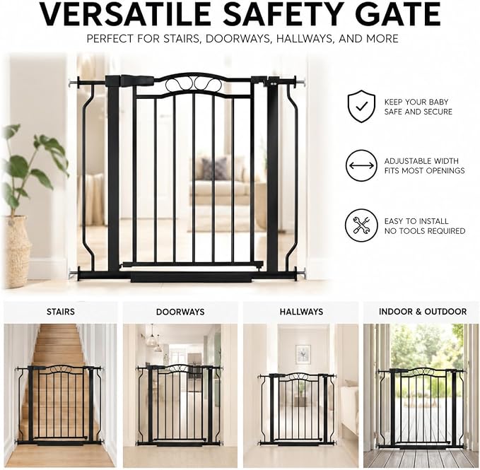 53.1"-62.5" Extra Wide Baby Gate & Dog Gate, Pressure Mounted No Drilling Pet Gate for Doorways & Large Openings, with Walk-Through, Auto-Close & Dual-Direction Swing, Black