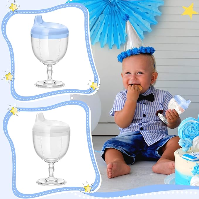 Irenare 2 Pcs Baby Wine Sippy Cup Plastic Goblet Cup No Spill Toddler Sippy Goblet Beverage Milk Water Bottle for Kids Holiday Birthday Party Funny Gift (Goblet Style,Blue,White)