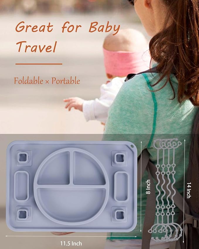 Strong Suction Baby Placemat, STARTURFLYU Silicone Toddler Plate with 4 Toy Straps & Anti-Peel Design, Dishwasher Safe Travel-Friendly Sensory Mat for High Chair, Airplane, Baby Led Weaning (Green)