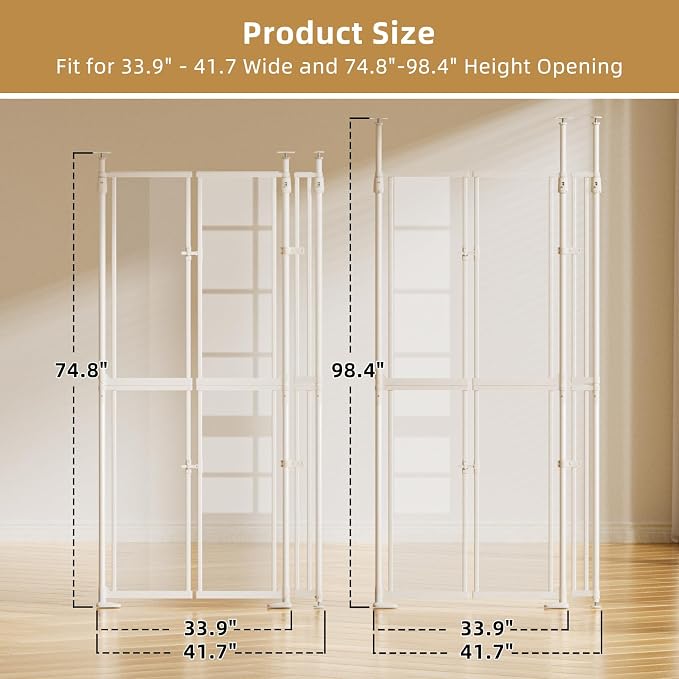 YUFU 75"-98" Extra Tall Cat Gate, Clear Width Adjustable Dog Gate for Doorways, Stairs, Hallways, Auto-Close No Drilling Pet Safety Gate Transparent Barrier for Dogs Cats (White)