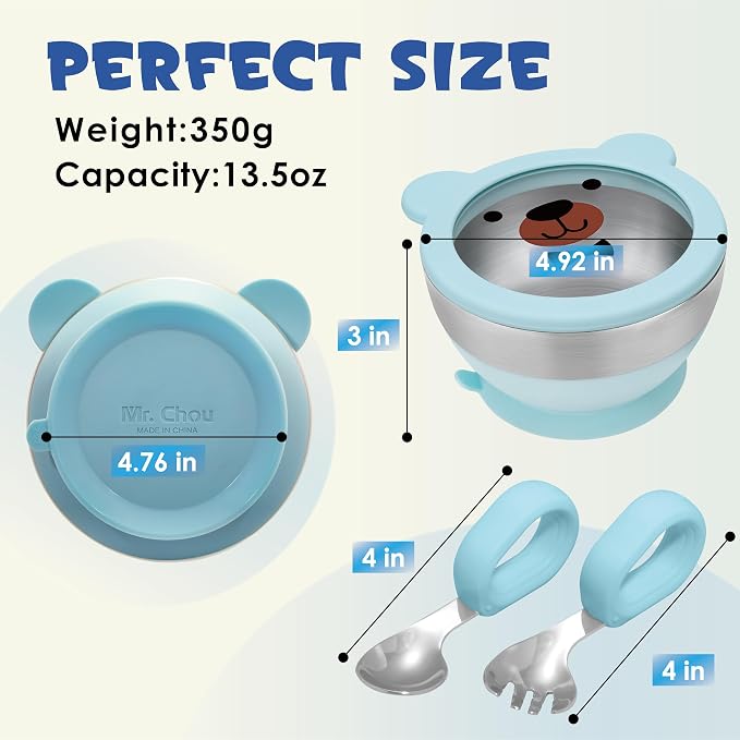 MR. CHOU Suction Baby Bowl Set with Spoon & Fork, Double-Wall 18/8 Stainless Steel Toddler Bowls with BPA Free Airtight Lids, Food Grade Infant Self-Feeding Bowl, First Stage Led Weaning Supplies Blue