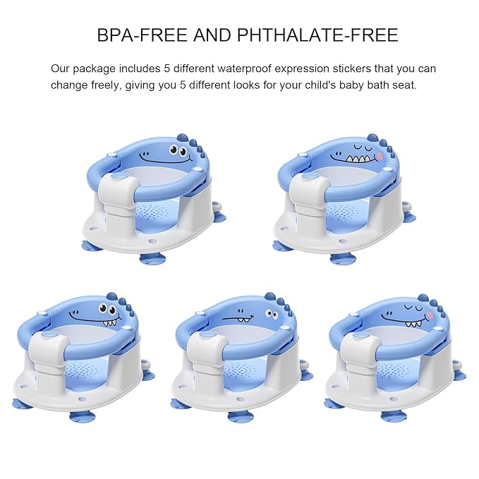 TPN Baby Bath Seat for Babies 6 Months & Up, Non-Slip Toddler Bath Seat with 5 PCS Waterproof Emoji Stickers, Portable Infant Bath Seat for Baby(Blue)