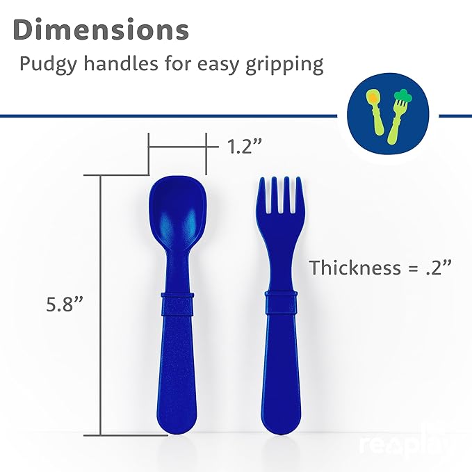 Re-Play Toddler Forks and Spoons Set - 4x4 Utensils Set for Kids - Dishwasher and Microwave Safe - Made in USA - Set of 8-5.8" x 1.2" x 0.2" - A True Blue