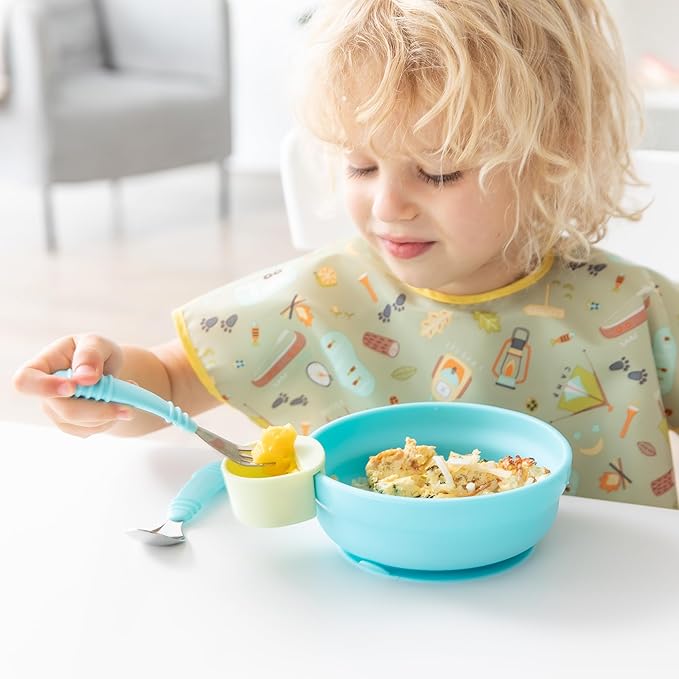 Bumkins Toddler Utensils, Kids Size Fork and Spoon Set, Silicone and Stainless-Steel Training Silverware, Angled Forks / Sporks for Self-Feeding, Children Hold Learning to Eat, 18 Months Up, Blue