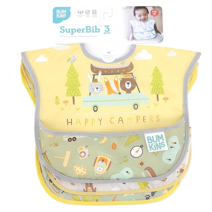 Bumkins Bibs for Girl or Boy, SuperBib Baby and Toddler 6-24 Months, Essential Must Have for Eating, Feeding, Baby Led Weaning Supplies, Mess Saving Catch Food, Waterproof Fabric 3-pk Happy Campers