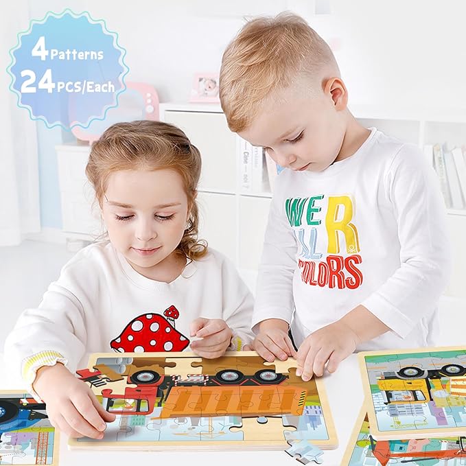 24 Piece Puzzles for Kids Ages 3-5, 4 Packs Wooden Jigsaw Puzzles for 3 Year Old Boys Girls, Construction Vehicle Puzzle for Kids Ages 4-6