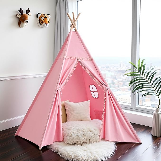 Sumbababy Large Teepee Tent for Adults & Kids, Cotton Canvas Foldable Indoor Tent for Toddlers, Sleepover Gift Toy for Girls & Boys, Washable Slumber Party Tent for Party Decor, Pink