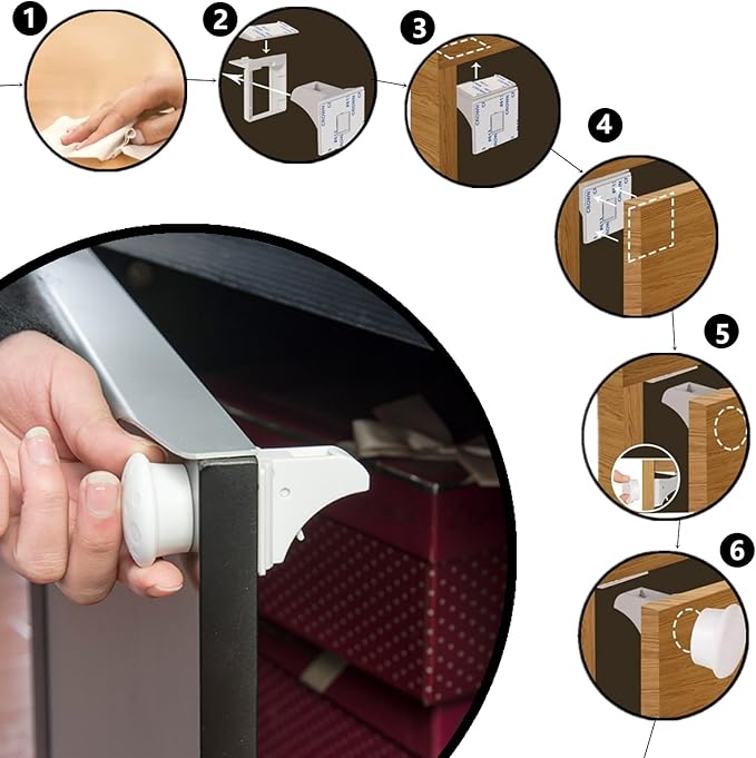 Child Safety Magnetic Cabinet Locks, Adhesive Magnetic Baby Proofing Cabinets & Drawers Latches (4 Locks + 1 Key)
