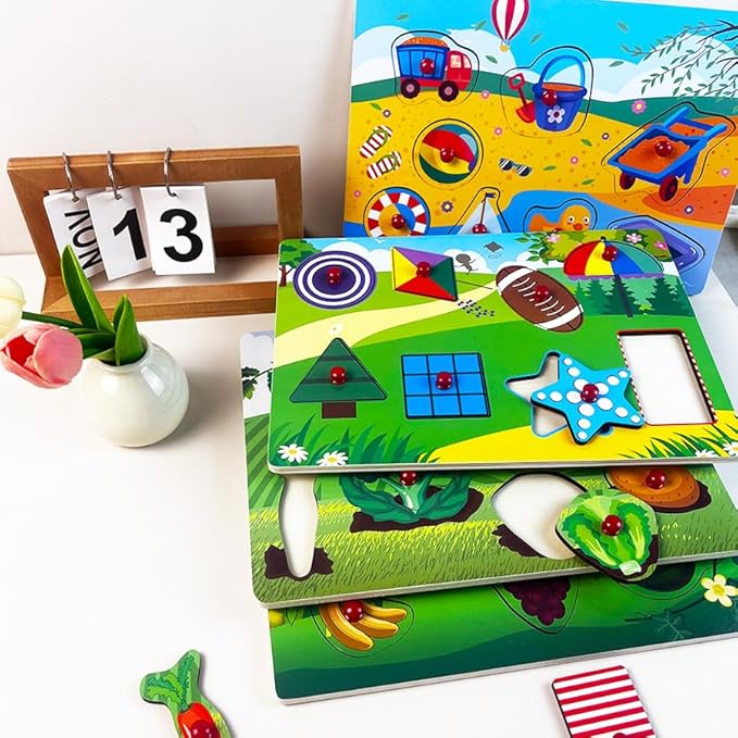 Peg Puzzle Set of 4 (32 pcs), Wooden Knob Puzzles for Toddlers, Vegetables, Fruits, Geometry Shapes and Beach Toys, Preschool Educational Cognitive Gifts.